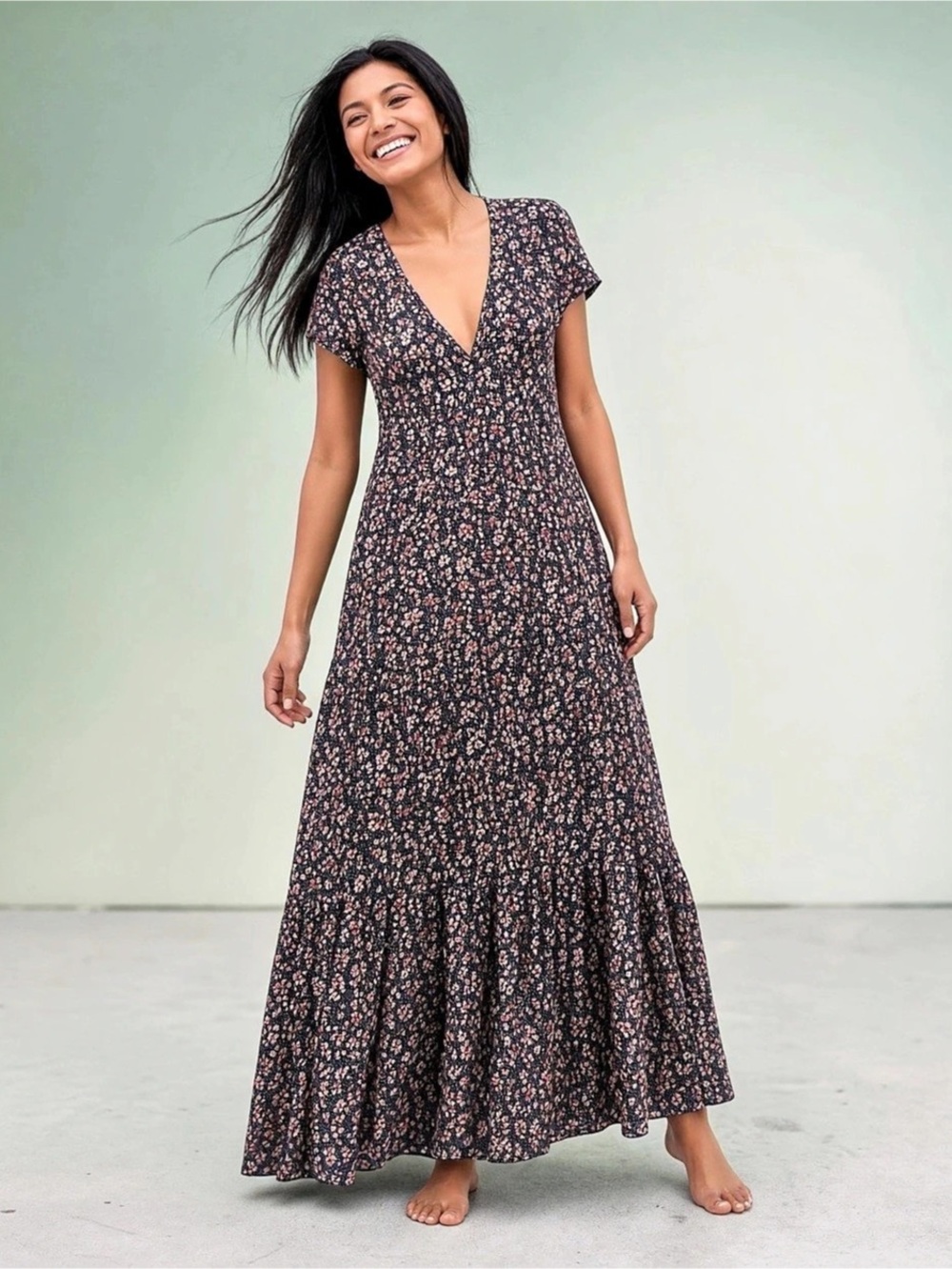 Natural Life New Evangeline Tiered Maxi Dress Purple Floral Boho Cottagecore M